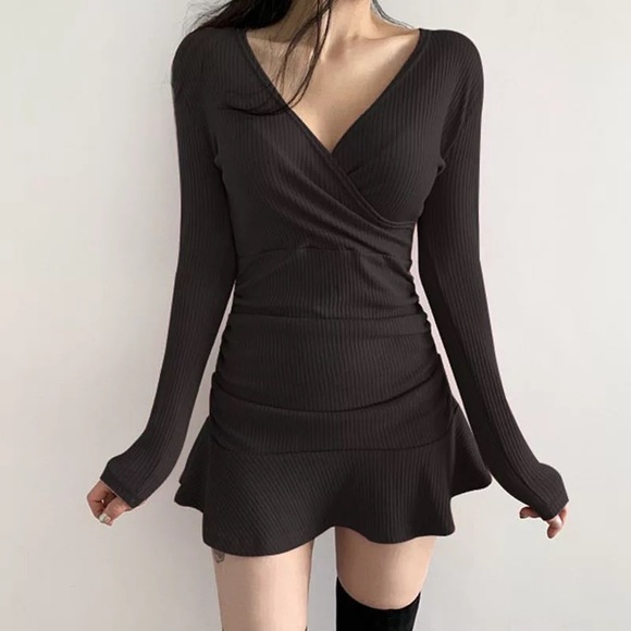 Knitted Ribbed Midi V Neck Elegant Clothes Long Sleeve Ruffles Bodycon Dresses - Picture 6 of 13